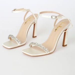 Lulus Goldiena White Satin Rhinestone Ankle Strap Heels